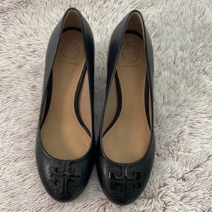 Tory Burch Lowell Wedge- Black Leather, Size US 6. Gently worn with box.